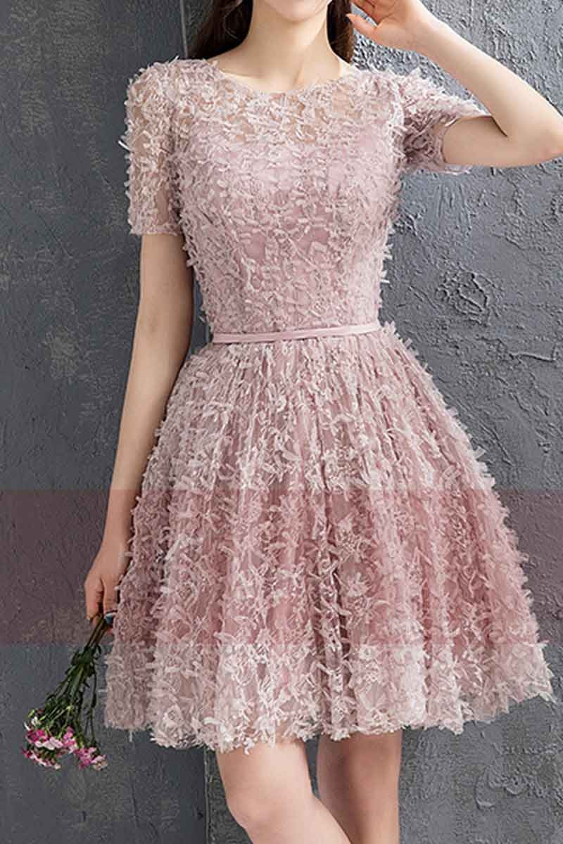 Pink Lace Party Dress With Short Sleeves - Ref C882 - 01