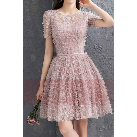 Pink Lace Party Dress With Short Sleeves