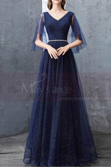 Long Navy Blue Evening Dress With Ruffle Sleeves - L1931 #1