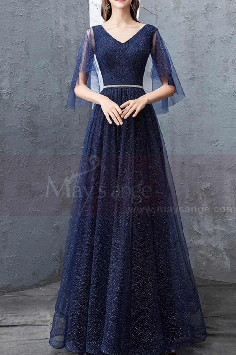 Long Navy Blue Evening Dress With Ruffle Sleeves - Ref L1931 - 01