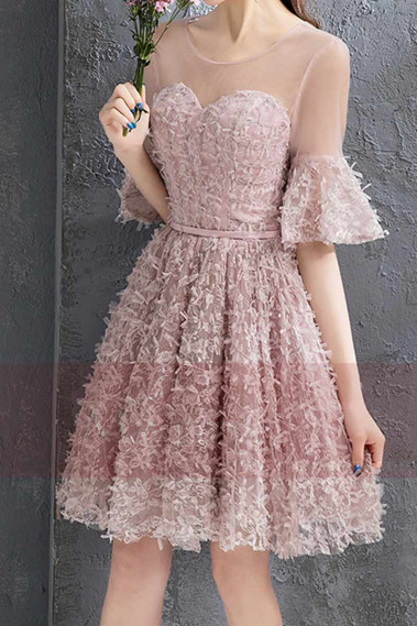 robe de cocktail vieux rose avec manche volante  lacage au dos - C883 #1