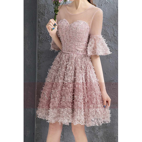 robe de cocktail vieux rose avec manche volante  lacage au dos