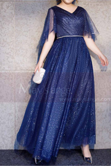 Robe De Cérémonie Femme Bleu Grande Taille Avec Manches Volantes - L1208 #1