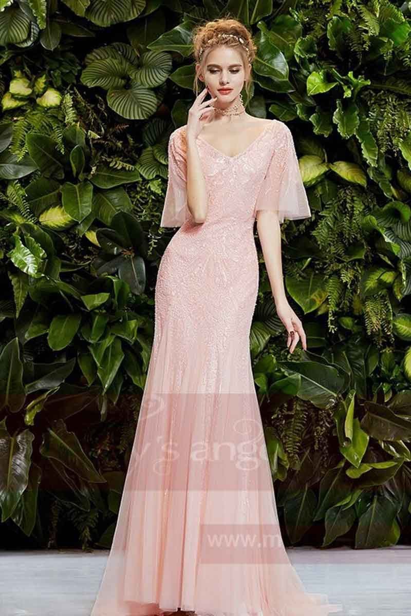 Long Pink Dress Mermaid With Flying 3/4 Sleeve - Ref L714 - 01