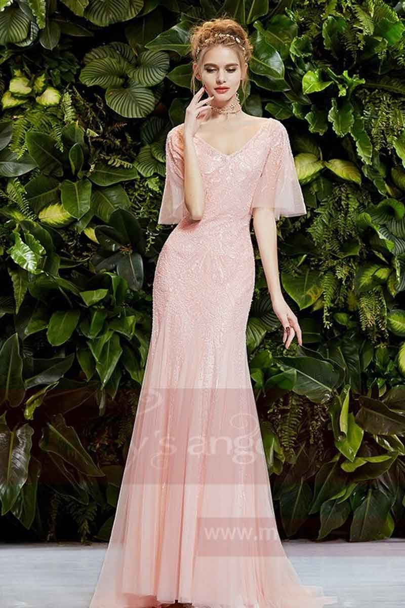 tenue de soirée rose sirène avec manche volante - Ref L714 - 01