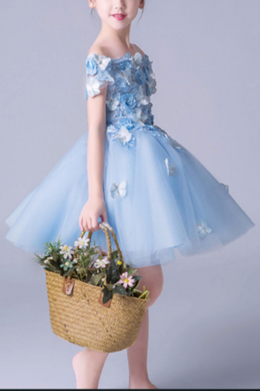 Robe Demoiselle D'Honneur Petite Fille Bleu Fleuries - TQ011 #1