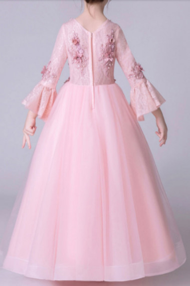 Robe Princesse Petite Fille Rose En Tulle Douce Manches Longues Volantes - TQ013 #1