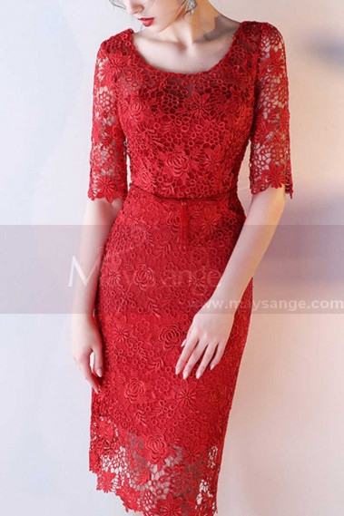 Straight Lace Red Prom Dress with Half-Length Sleeves - C1917 #1