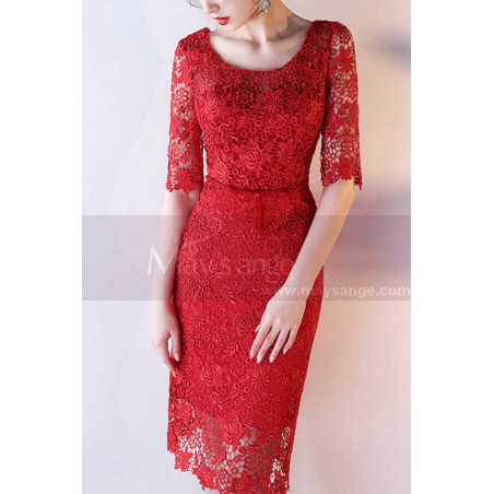 Straight Lace Red Prom Dress with Half-Length Sleeves