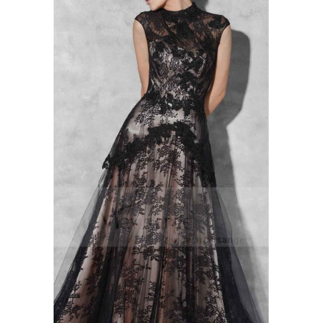 robe de soirée dentelle noir chic col montant