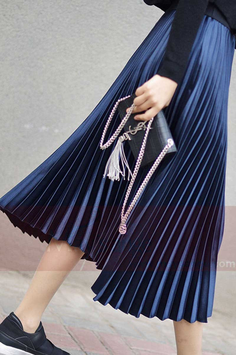 jupe plisse bleu marine longue chic - Ref ju051 - Jupe femme longue