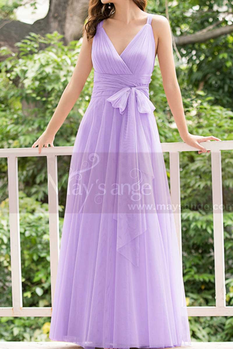 Lilac Bridesmaid Dresses Tulle Long With Bow Belt - Ref L1231 - 01