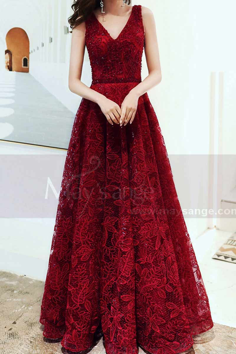 V Neck Sleeveless Red Lace Dress For Prom With Lace Up Closing - Ref L1998 - 01