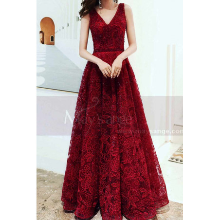 V Neck Sleeveless Red Lace Dress For Prom With Lace Up Closing