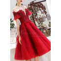 Evening Gowns Red With Sheer Embroidered Top And Tulle Short Sleeve - Ref C1943 - 07