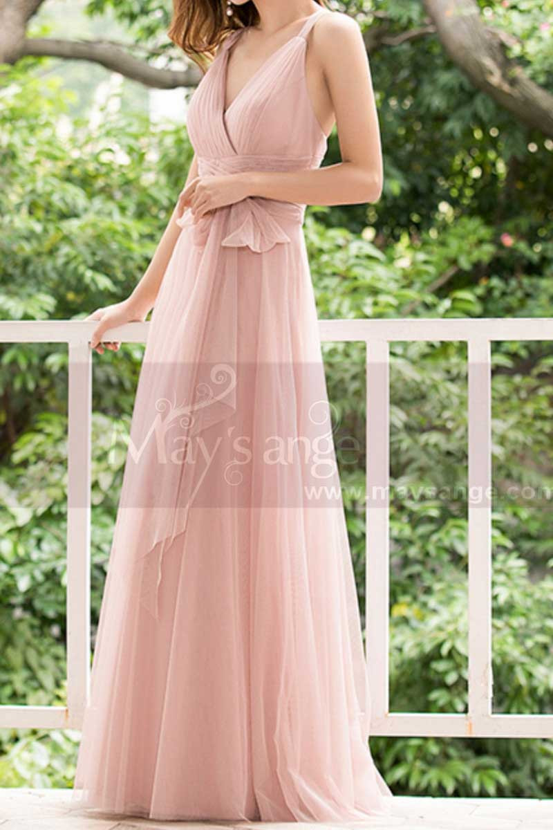 Pink Tulle Floor Length Party dresses With Bow Belt - Ref L1221 - 01