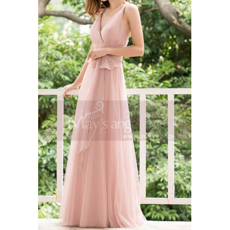 Pink Tulle Floor Length Party dresses With Bow Belt