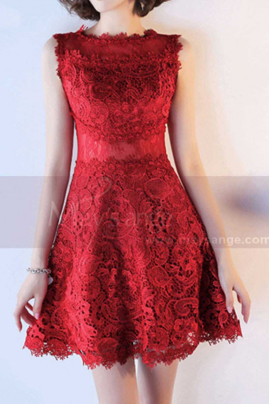 Short Sleeveless Red Lace Evening Dress - C991 #1