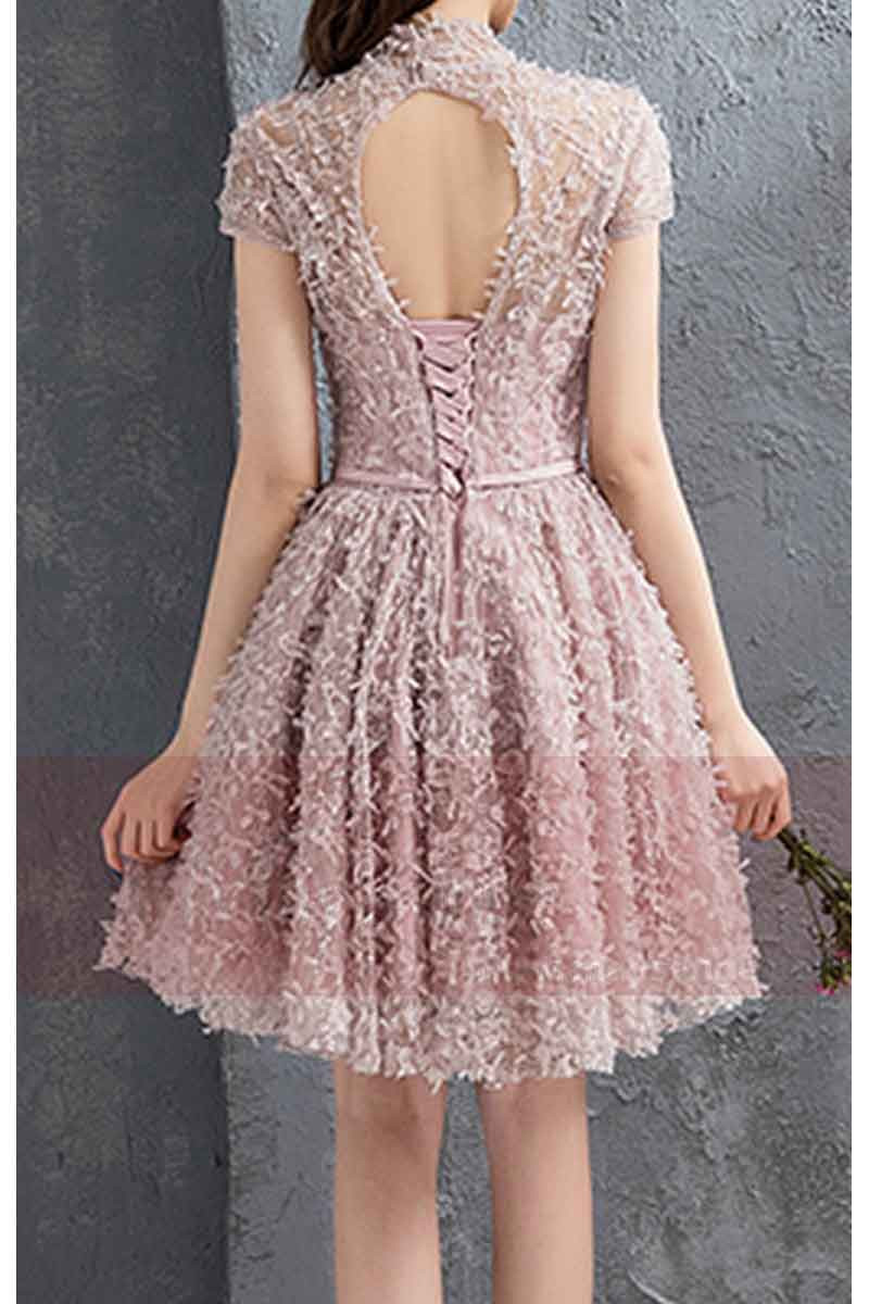 Short Sleeve Old Pink  Ball Gown Prom Dresses With High Neck - Ref C885 - 01