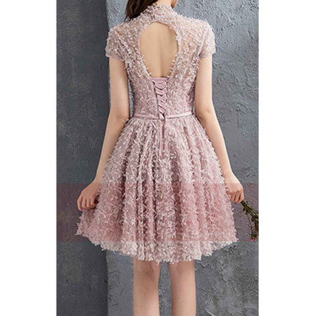 robe de soiree courte vieux rose col montant elegante dos ouvert