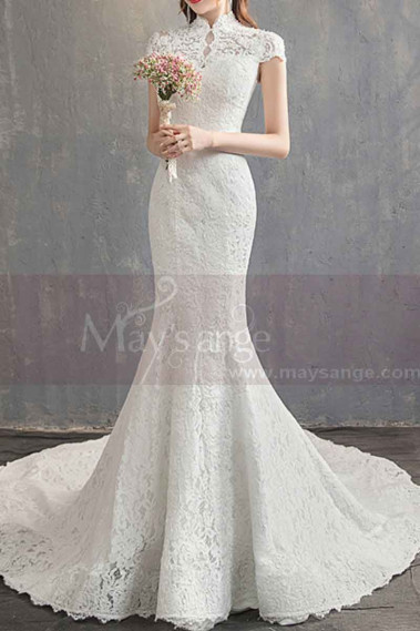 High Collar Lace Mermaid Wedding Gowns With Sleeves - M1907 #1