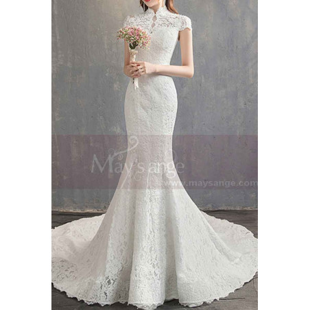 High Collar Lace Mermaid Wedding Gowns With Sleeves