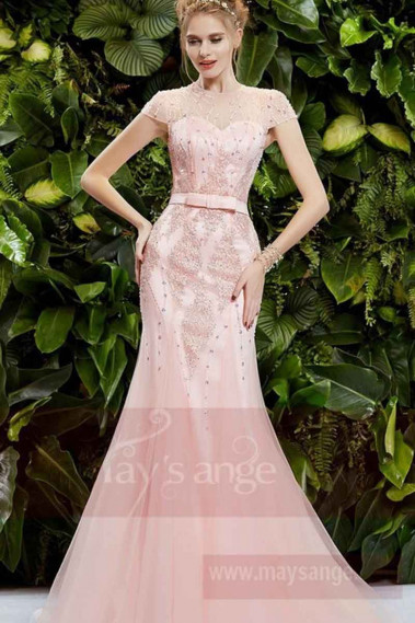 robe longue de soirée rose sirène luxueuse - L712 #1