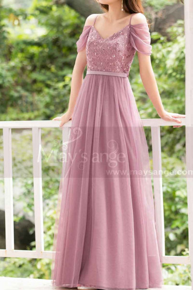 Robe Cocktail Rose Poudré Tulle Volants Paillette Avec Bretelle