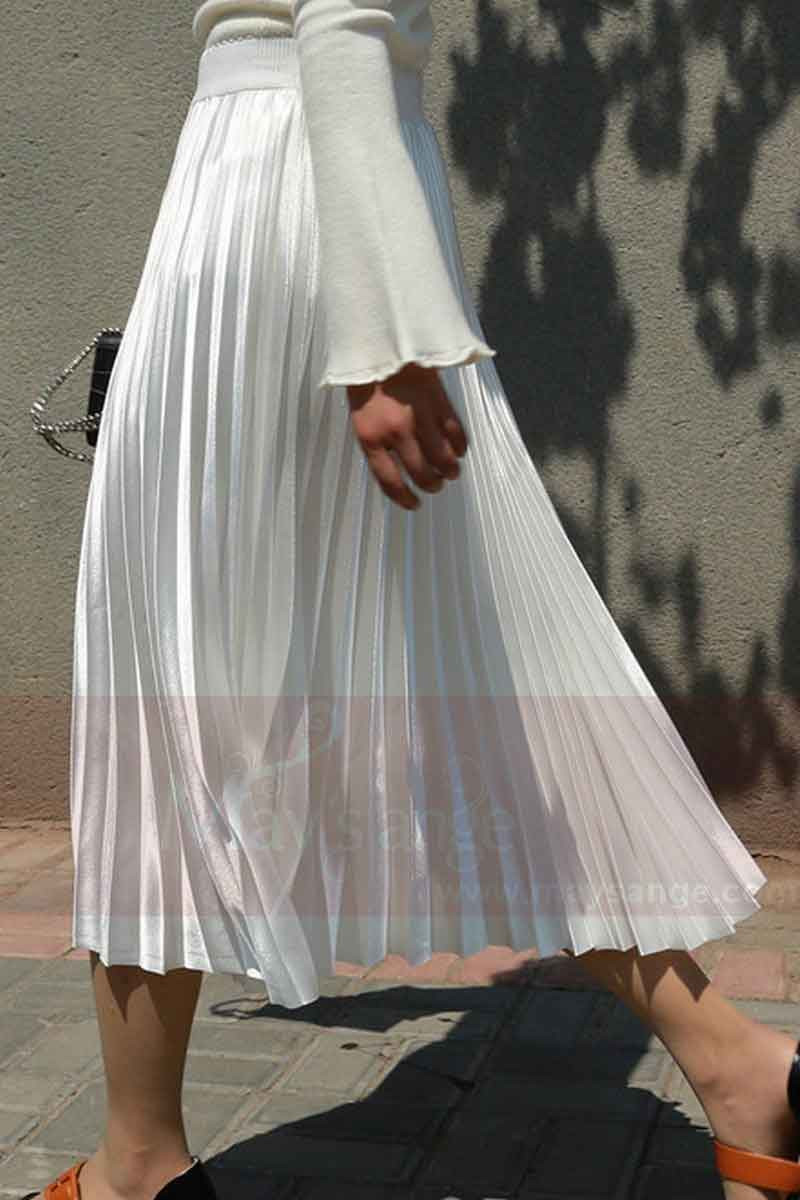 jupe blanche plisse satin fête mariage - Ref ju020 - Jupe femme longue