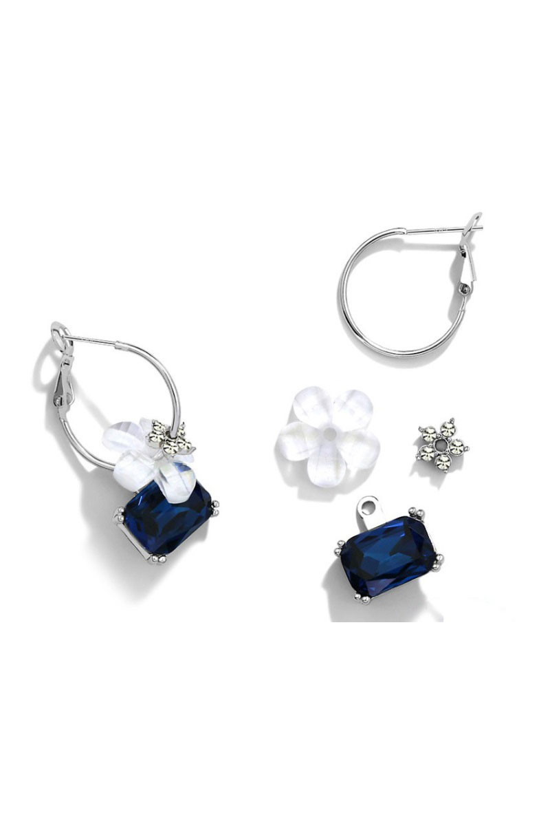 Silver hoop earrings flower blue stone - Ref B107 - 01