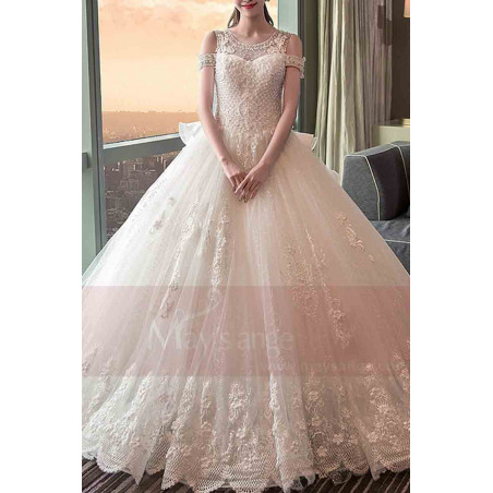 Long Train Lace Beaded Wedding Dress With Sleeves