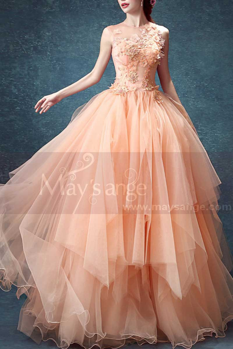 Embroidered Peach Ever Pretty Bridesmaid Dresses Ruffle Skirt - Ref P1903 - 01