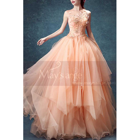 Belle Robe Pour Demoiselle D’Honneur Pêche Jolies Broderies Et Jupe En Tulle Bouffante