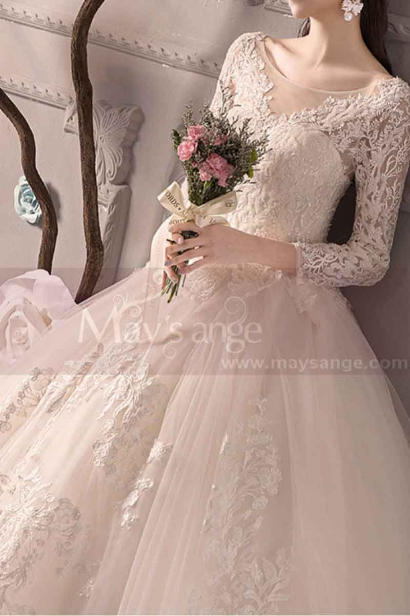 Longue Robe Princesse Fille Mariage Dentelle Manche Avec Rose Ruban