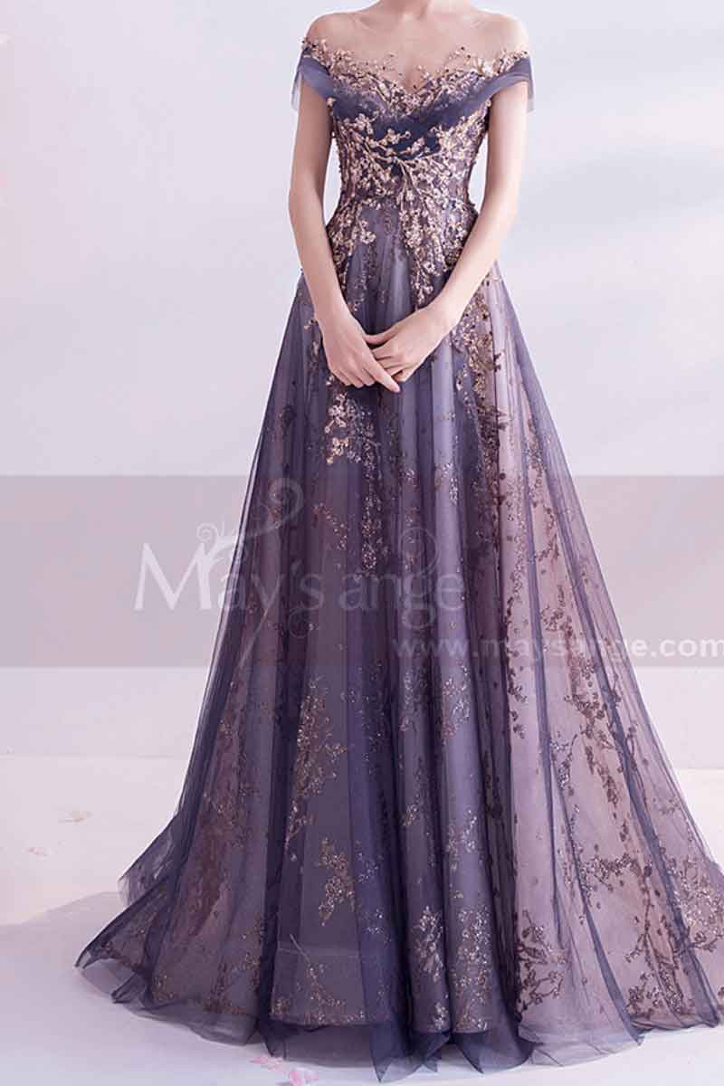 Sheer neckline mother of the groom dresses golden embroidery - Ref L2020 - 01