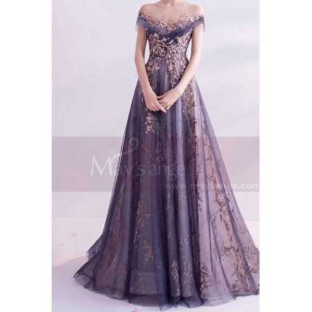 Robe De Soirée Chic Avec Traine Pour Mère De La Mariée Dentelle Brodée Dorée
