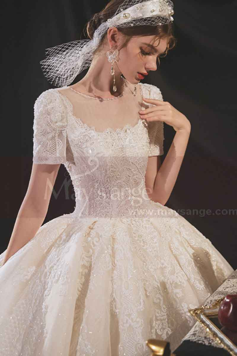 Lace Top Gorgeous Ivory Wedding Dresses With Sleeves And Cutout Back - Ref M1252 - 01