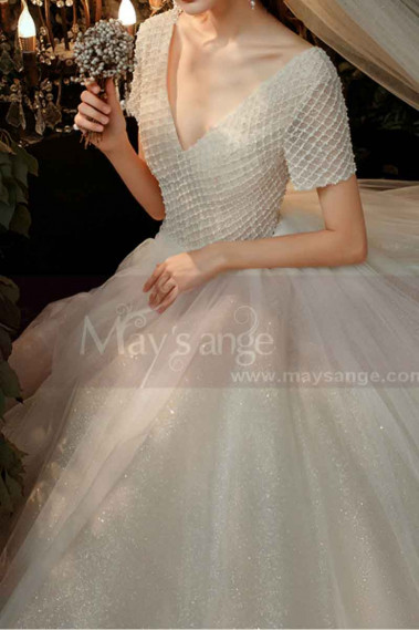 V Neck Wedding Dress With Short Sleeves And Checkered Top - M1260 #1