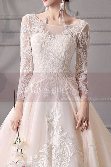 Long Sleeve Ivory Wedding Dresses With Embroidered Lace Appliqued Bodice - M1909 #1