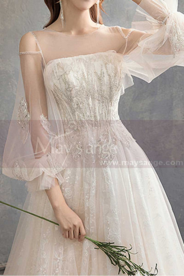 Long Sleeve Vintage Wedding Dresses With Transparent Tulle Bodice And  Golden Glitter - M1911 #1