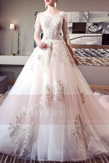 Ivory Organza And Lace Wedding dress With Long Illusion Sleeve - M394 #1