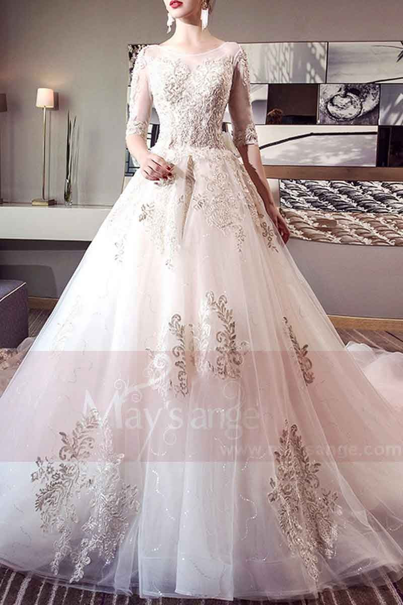 belle robe de mariée demi-manche dentelle grand nœud papillon amovible - Ref M394 - 01