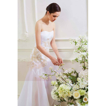 robe mariage bustier asymétrique dentelle broderie dore