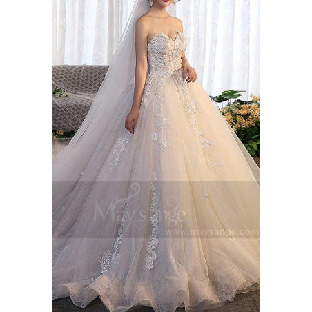 Splendid Strapless Champagne pale Bridal Gown With Lace Bodice