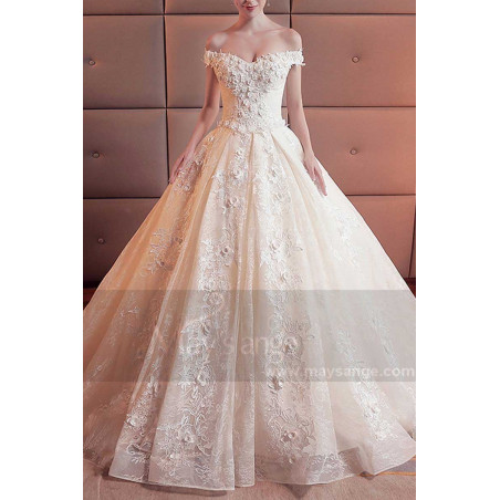 Champagne Off-The-Shoulder Organza Wedding Dress With Cathedral Train