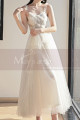 Tea Length Beautiful Beige Evening Gowns Transparent Strap - Ref L1255 - 02