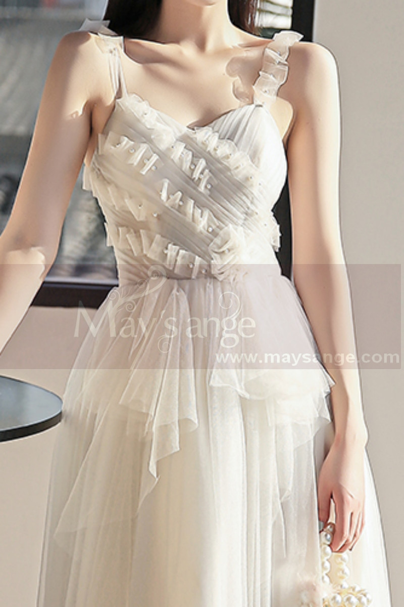 Tea Length Beautiful Beige Evening Gowns Transparent Strap - Ref L1255 - 01