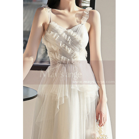 Tea Length Beautiful Beige Evening Gowns Transparent Strap