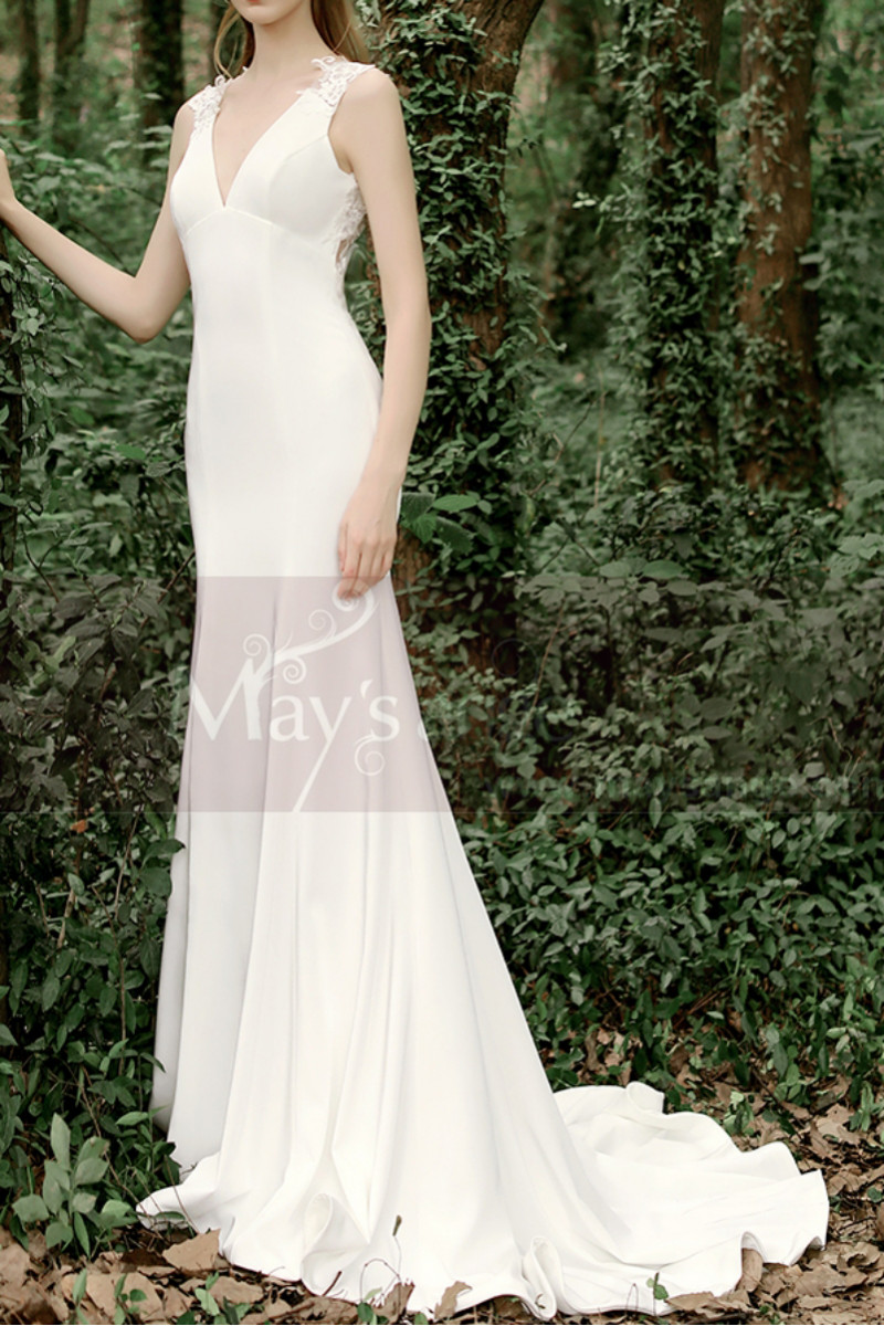 Chiffon White Mermaid Style Wedding Dress Illusion Lace Back - Ref M1282 - 01