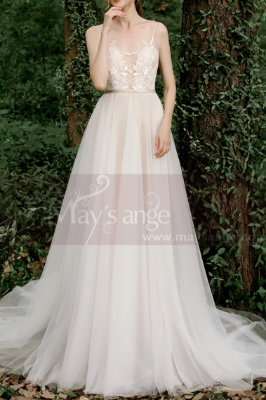 Tulle Sleeveless Wedding Dress Illusion Lace Top Golden Belt - M1283 #1
